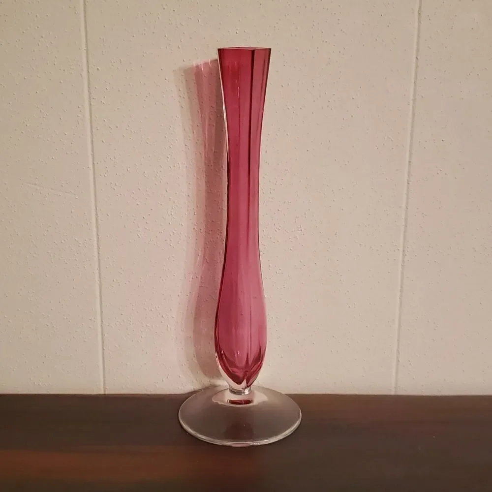 Vintage Beautiful Val St Lambert Cranberry Glass Flower Bud Vase Clear Base